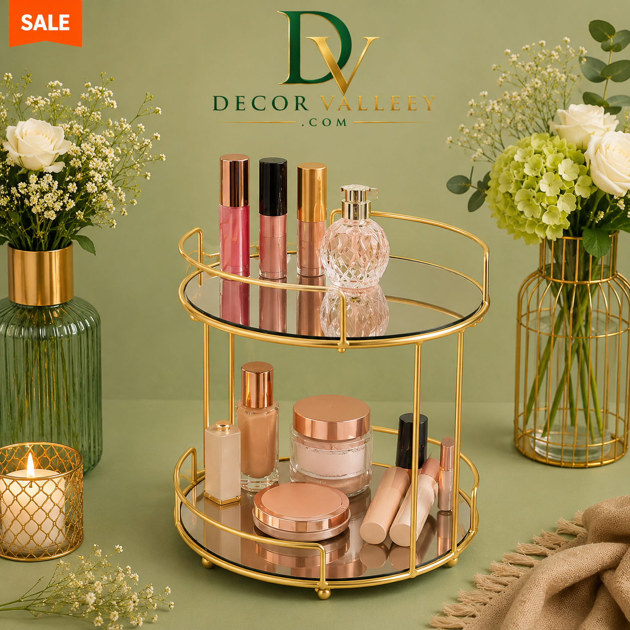 Gold Metal Makeup Holder with Mirror Tray
