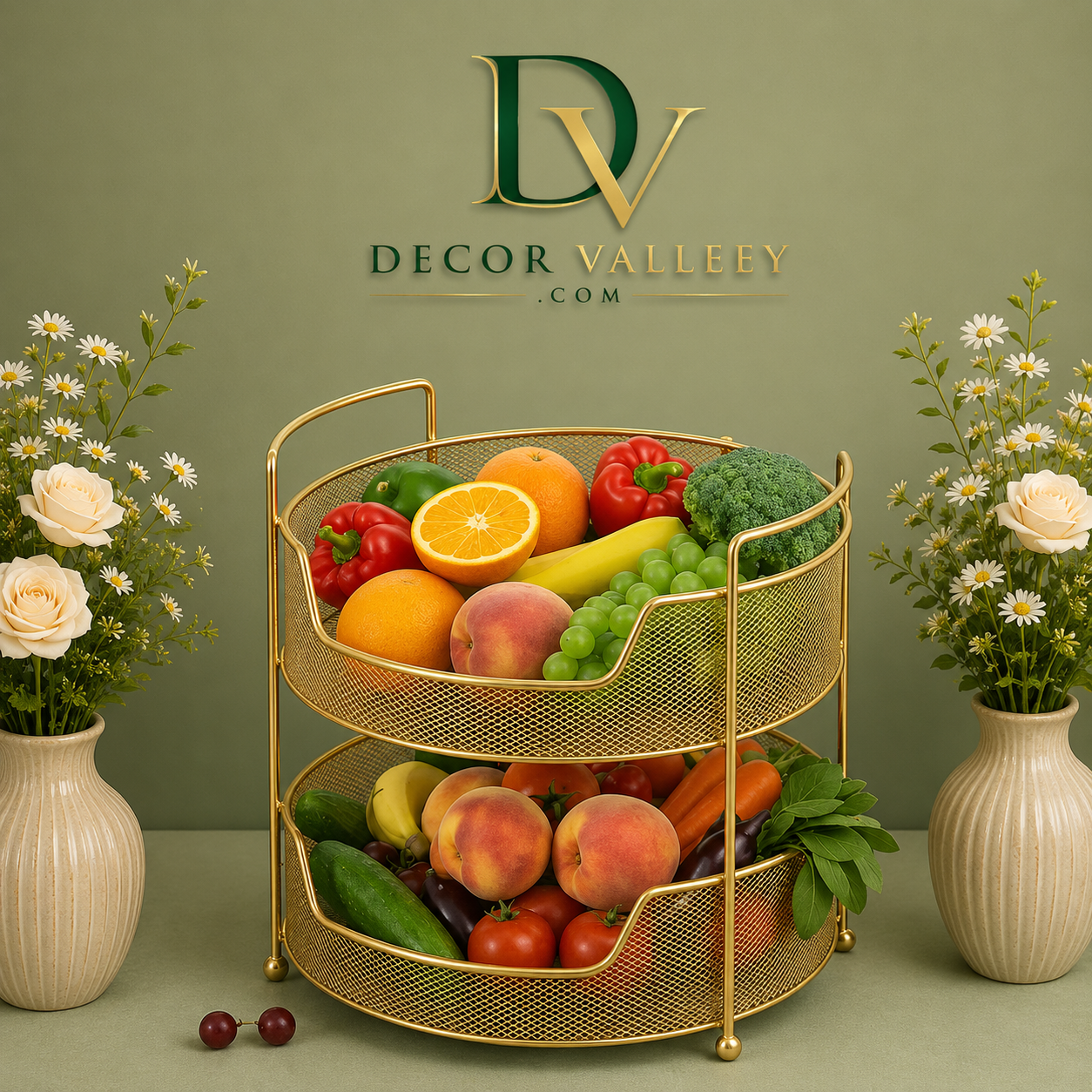 Luxury 2 Tier Golden Fruit & Vegetable Basket