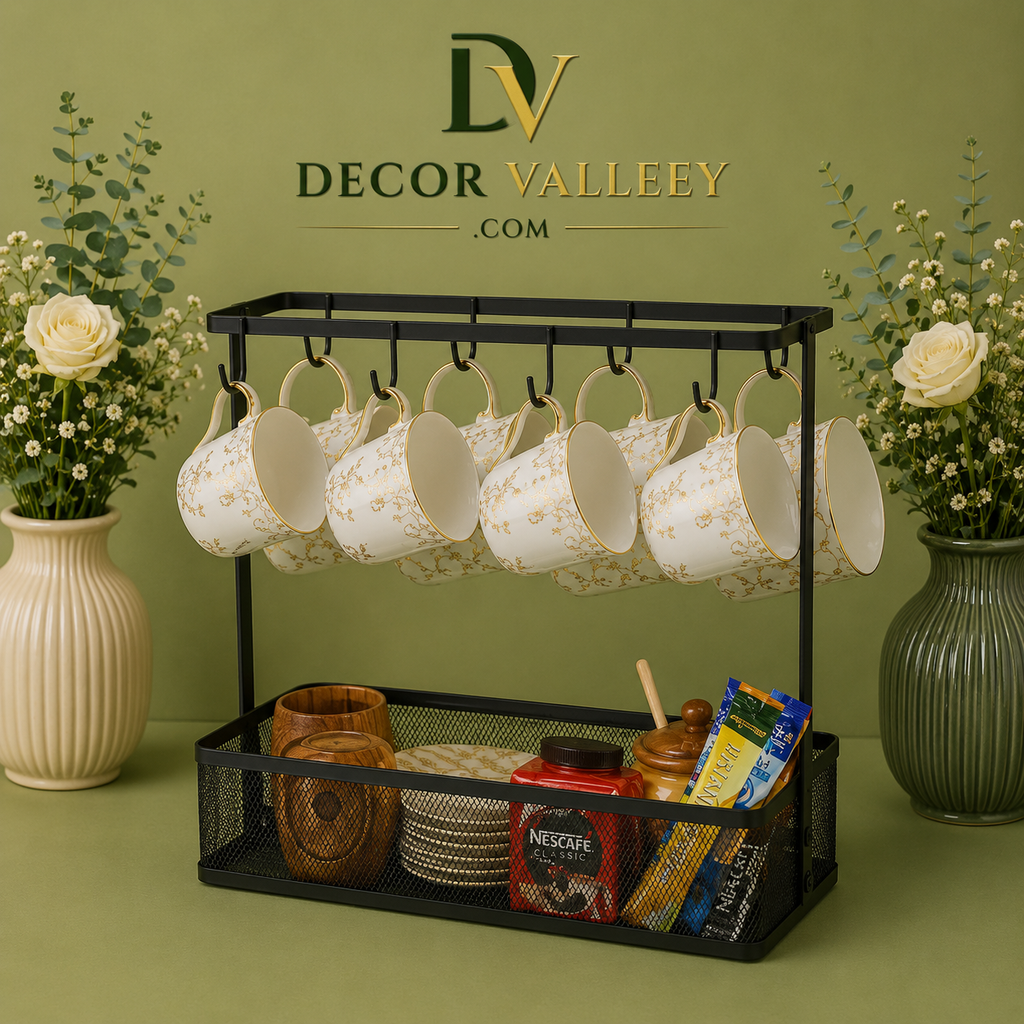 Elegant Countertop Mug Holder With Storage Basket