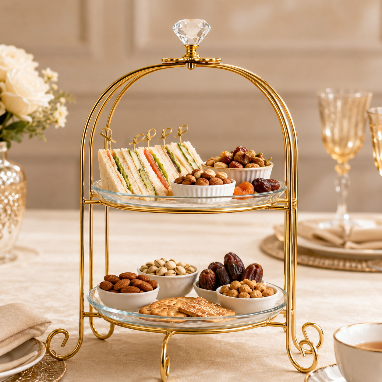 Golden 2-Tier Serving Stand with Glass Plates