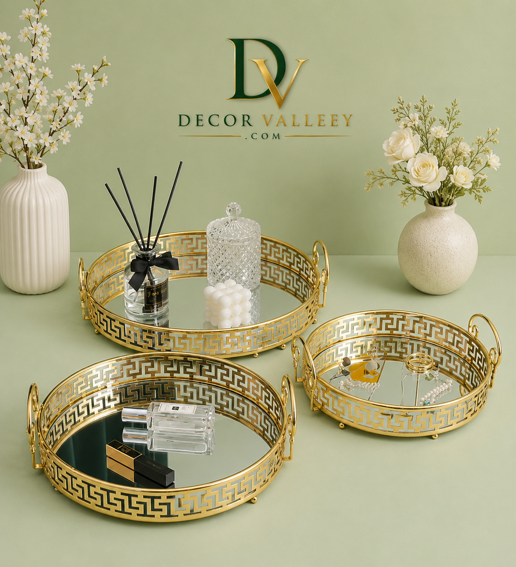 Luxury Gold Mirror Serving Tray Set – Decorative Vanity Organizer Trays