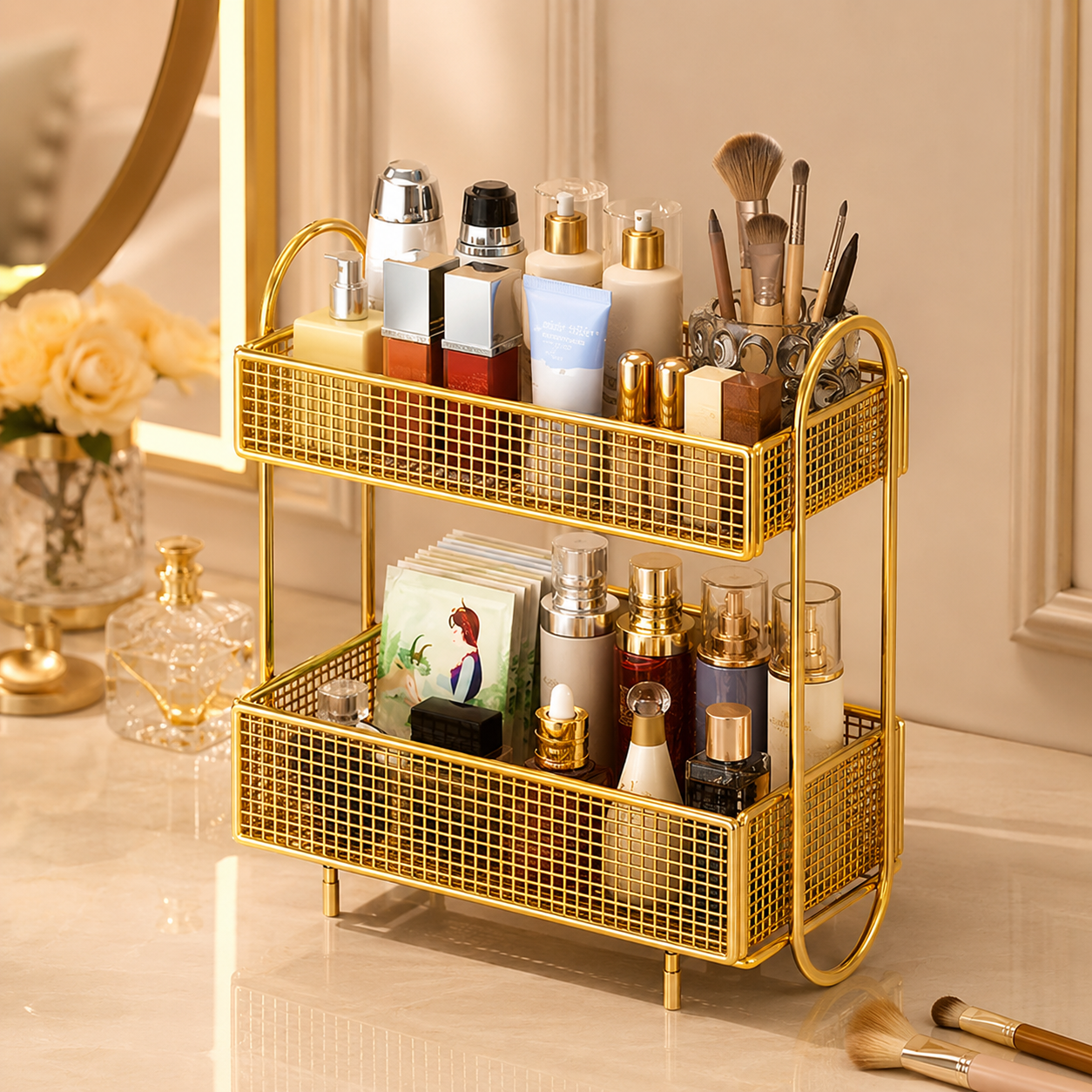 Golden 2-Tier Makeup & Skincare Organizer Rack