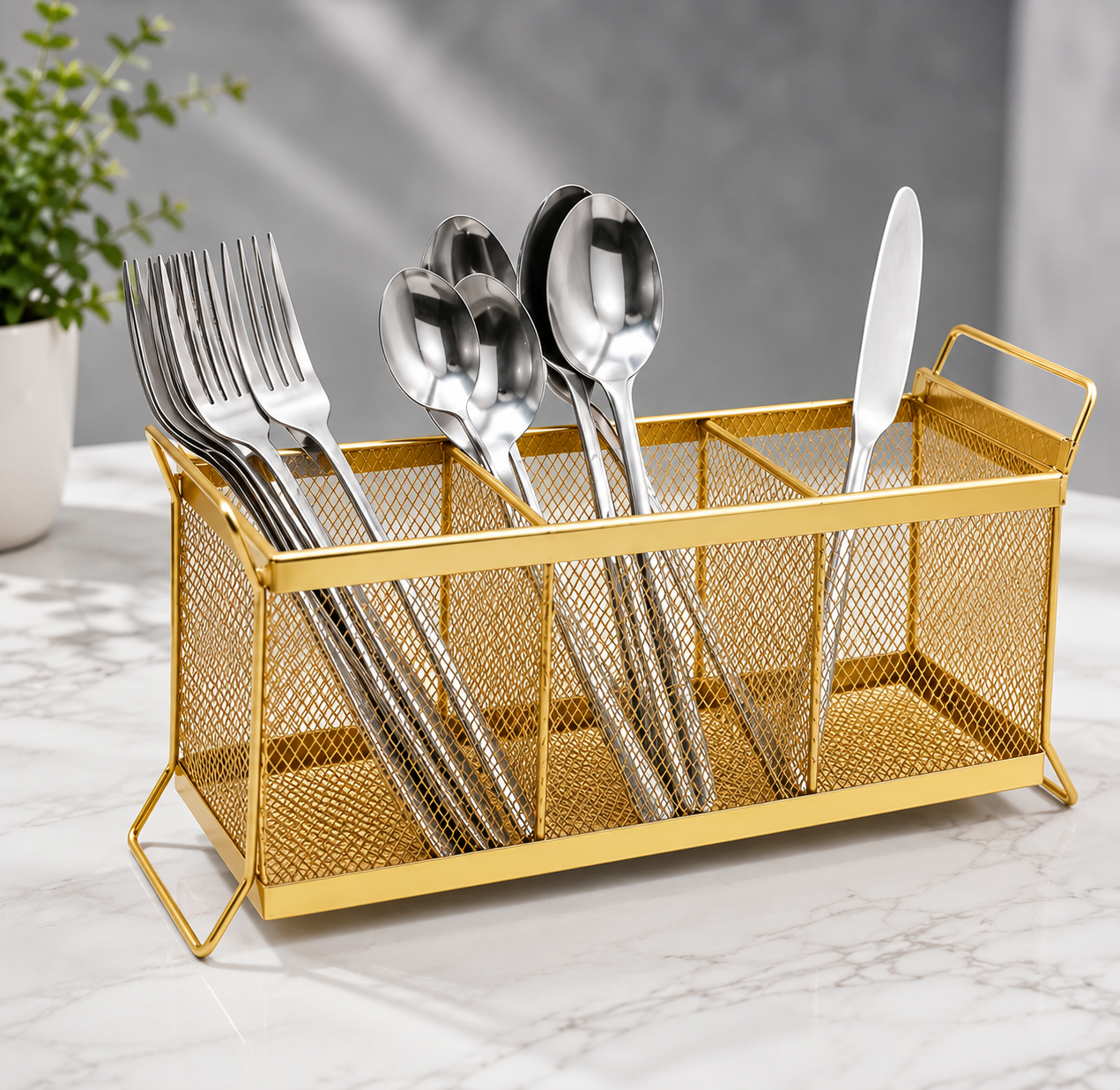 Premium Gold Mesh Cutlery Organizer Basket – Kitchen Spoon & Fork Holder