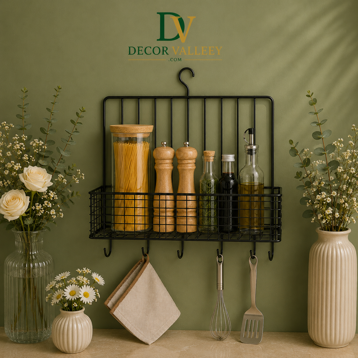 Metal Spice Rack with 5 Utensil Hooks