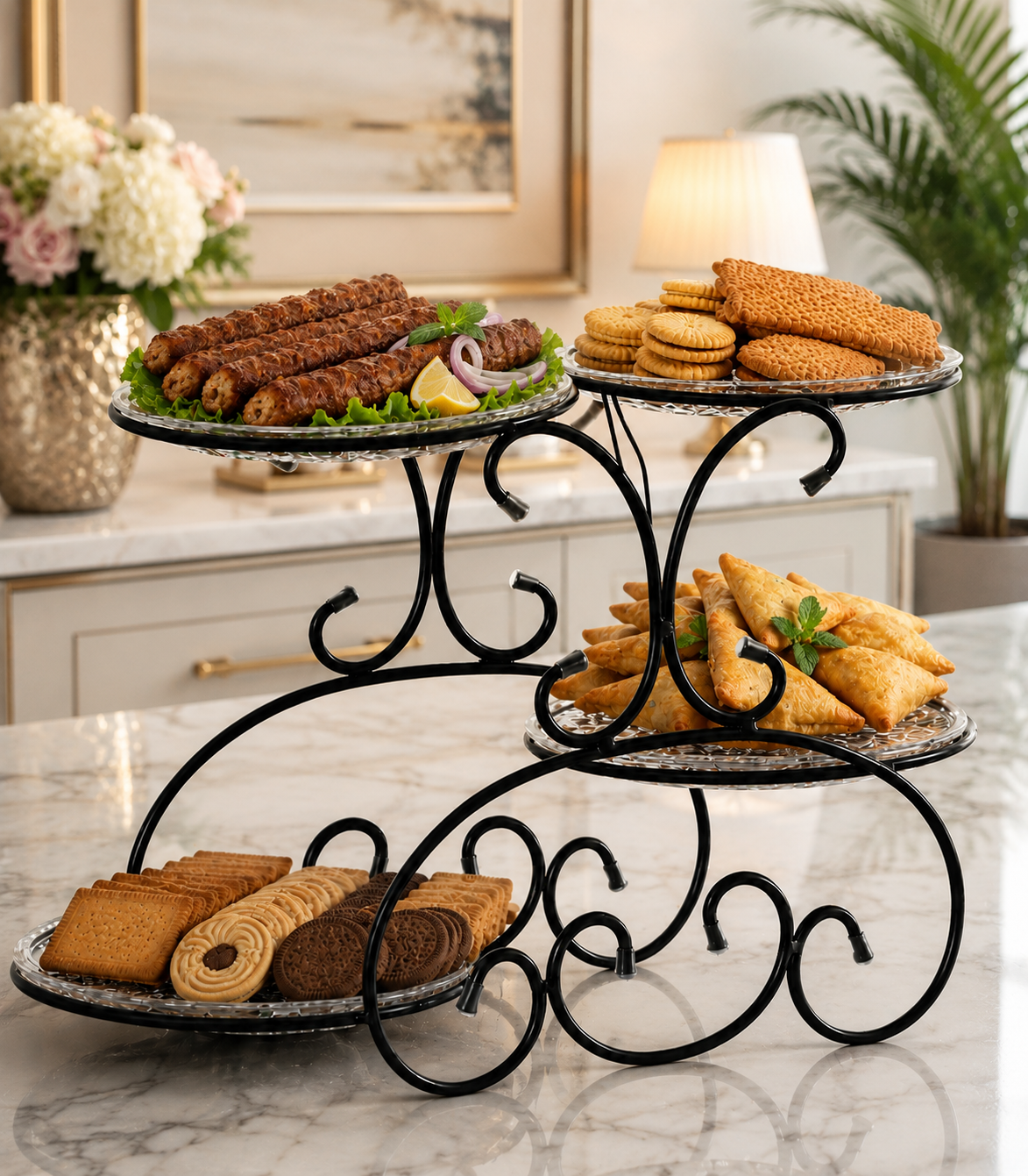 4-Tier Decorative Metal Serving Stand with Mirror plates