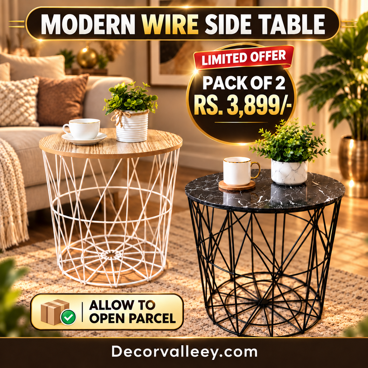 Modern Wooden Top Side Table – Black Metal Frame