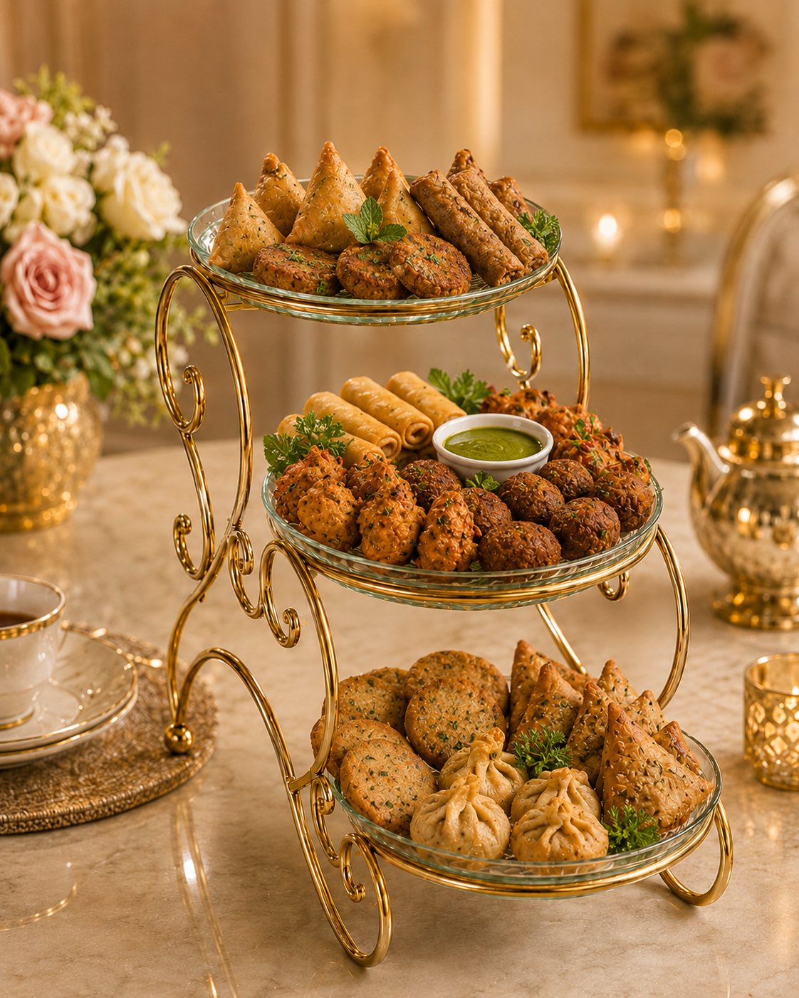 Luxury 3-Tier Glass Serving Stand with Golden Metal Frame