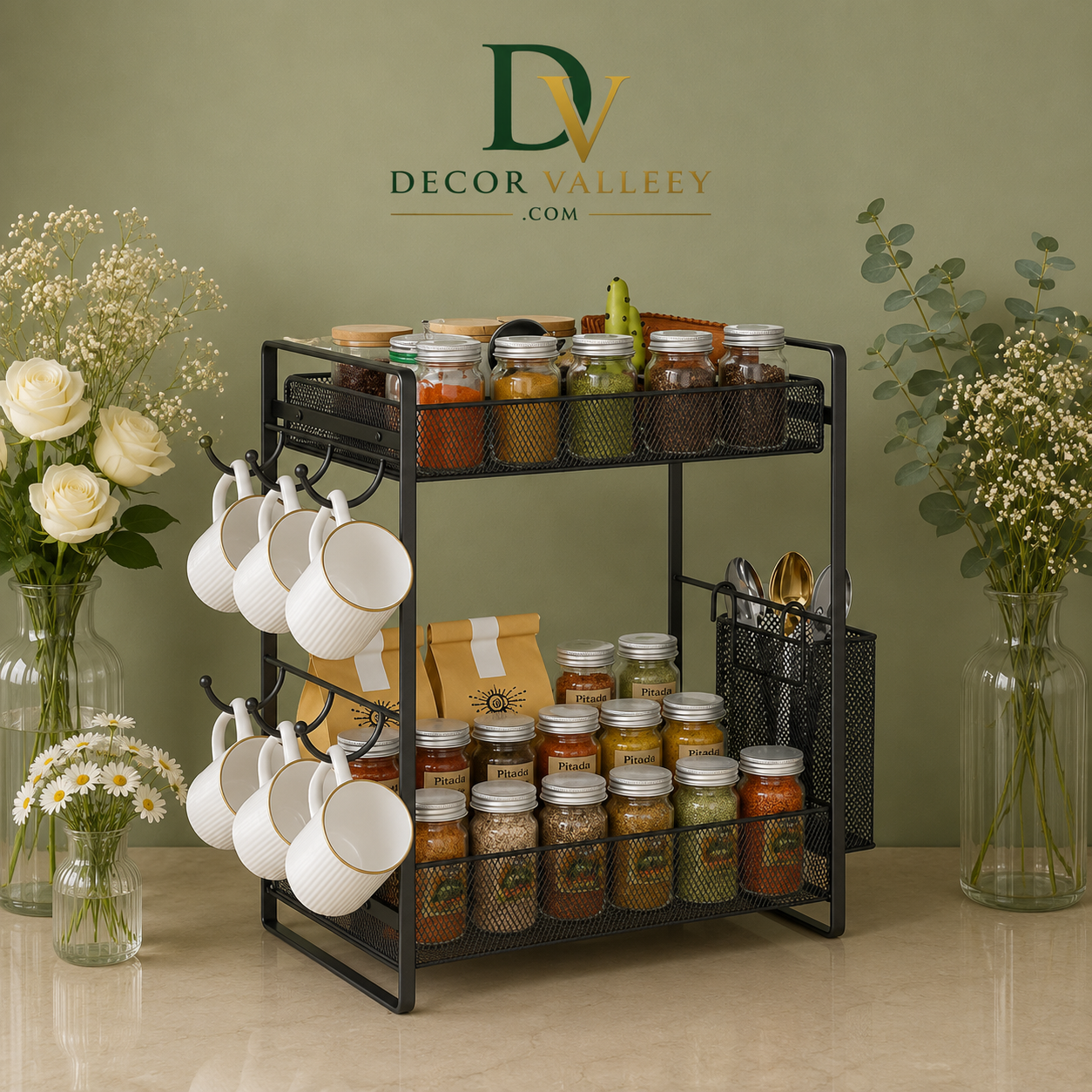 2-Tier Black Mesh Countertop Organizer Rack with Mug Hooks