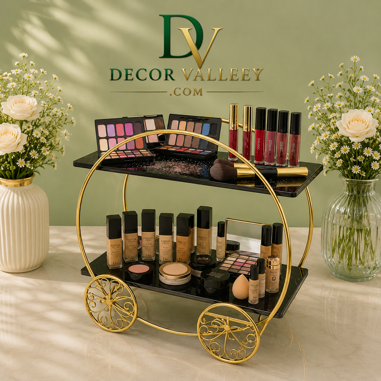 Luxury 2-Tier Makeup Organizer Cart – Golden Vanity Display Stand