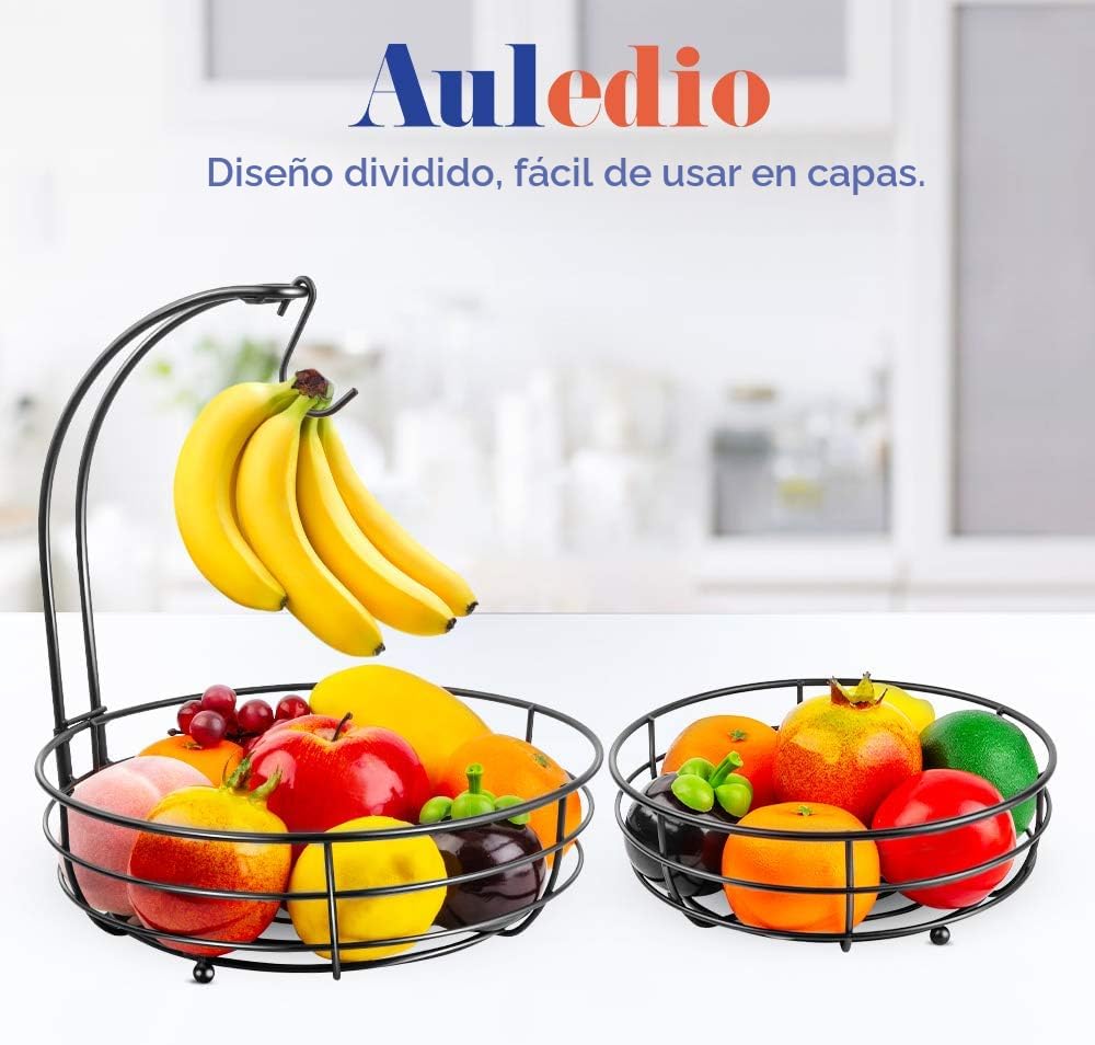 2 Tier Metal Fruit Basket Stand with Banana Hanger