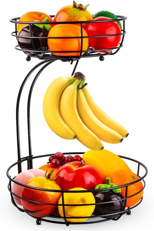 2 Tier Metal Fruit Basket Stand with Banana Hanger