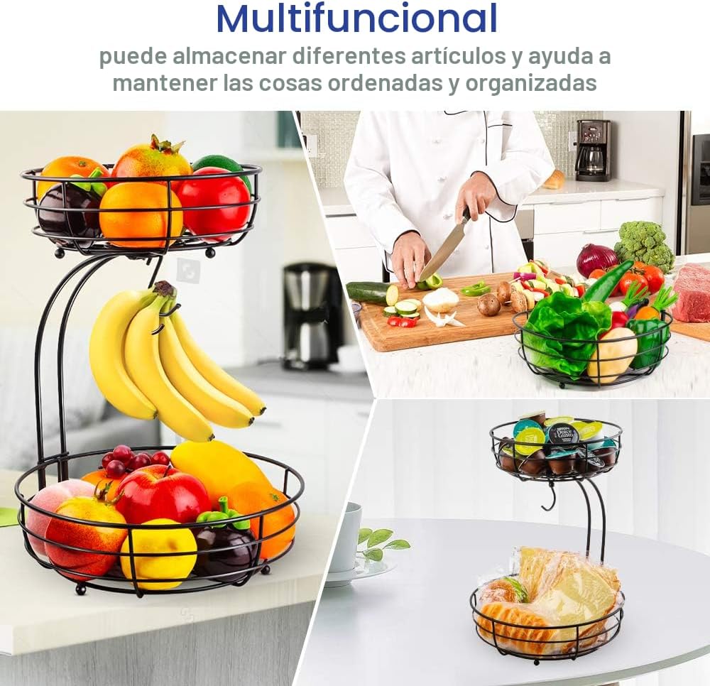 2 Tier Metal Fruit Basket Stand with Banana Hanger