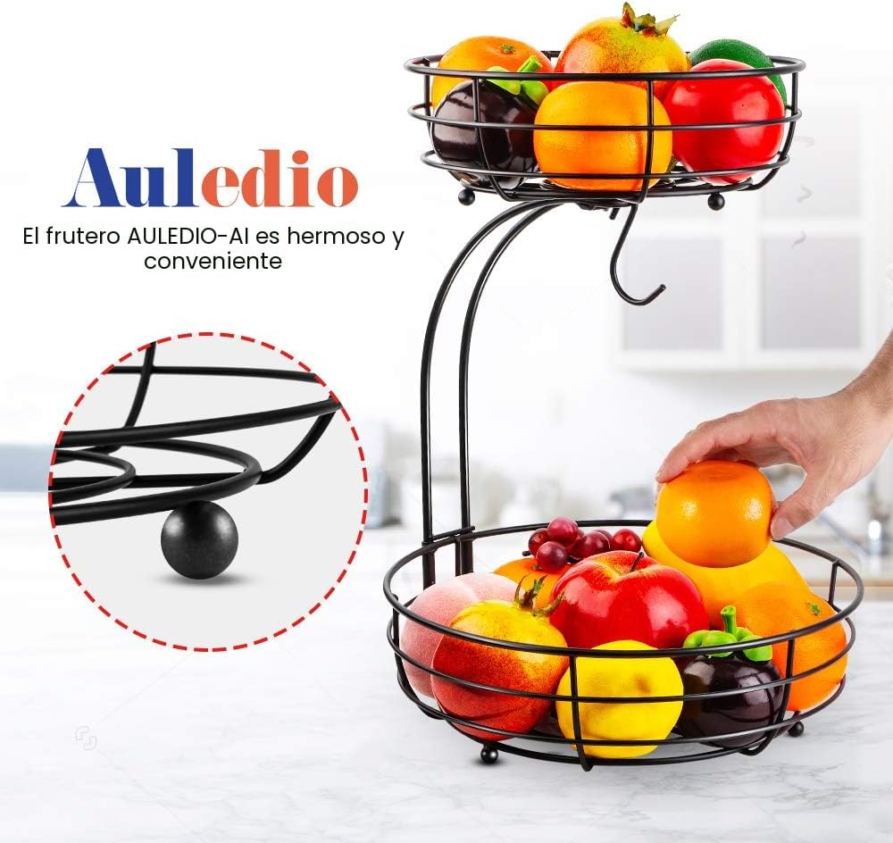 2 Tier Metal Fruit Basket Stand with Banana Hanger