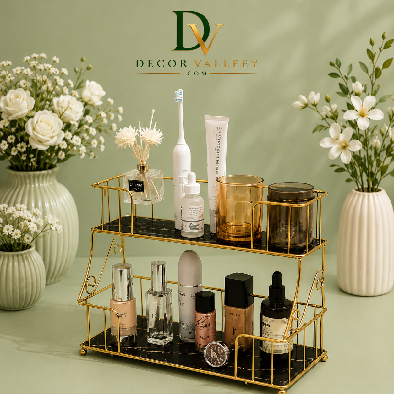 Luxury 2-Tier Golden Makeup Organizer Rack