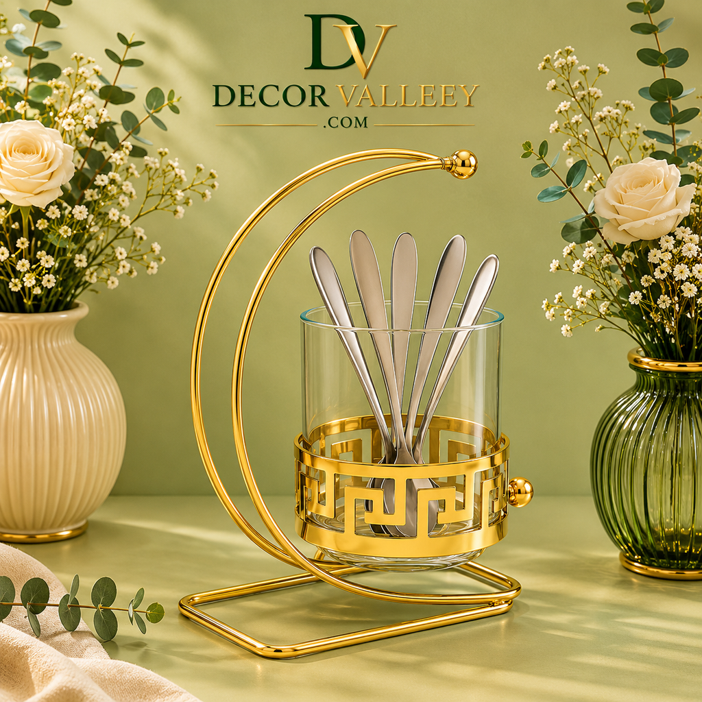 Elegant Golden Spoon Holder with Glass Container