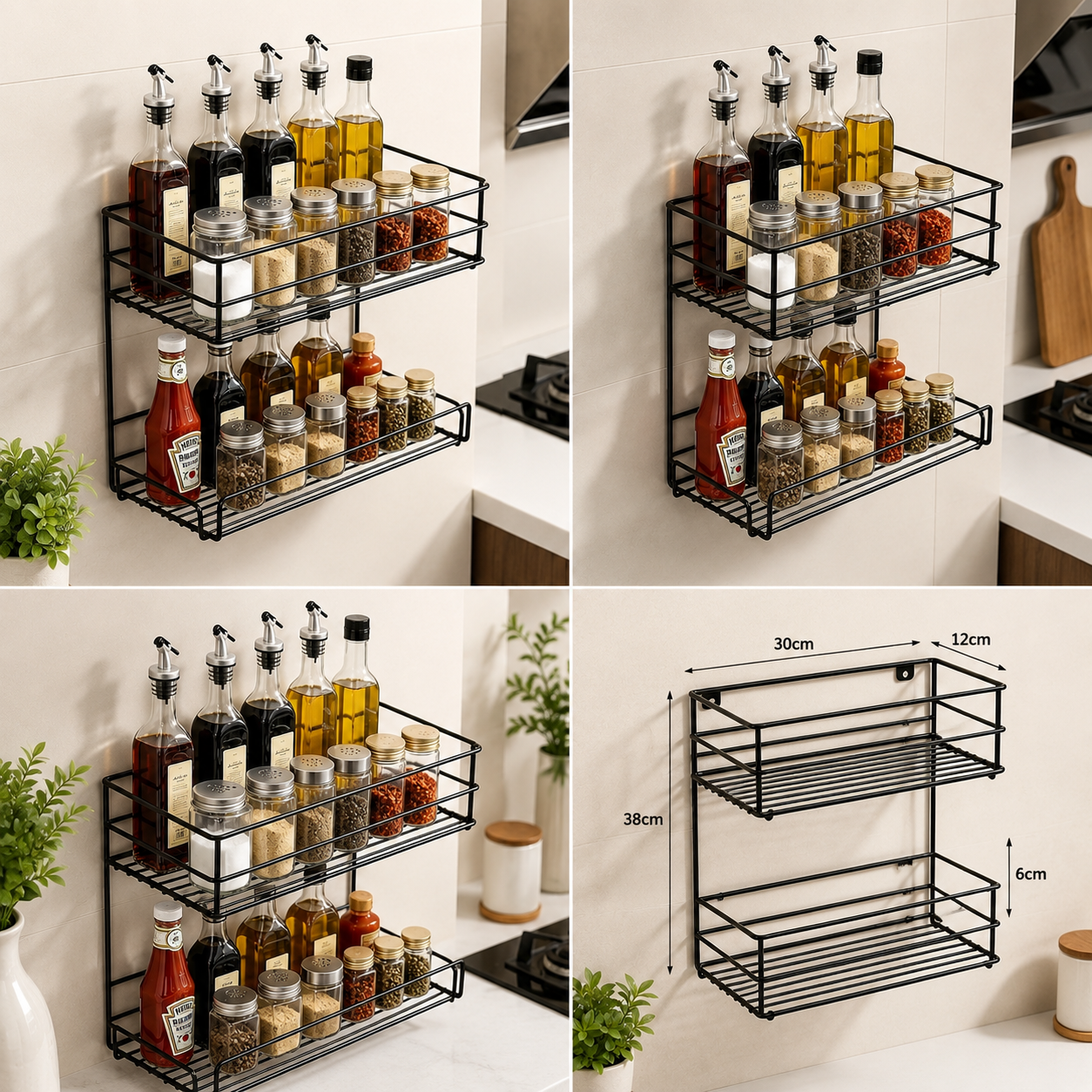 2-Tier Wall Mounted Kitchen Spice Rack – Black Metal Organizer Shelf