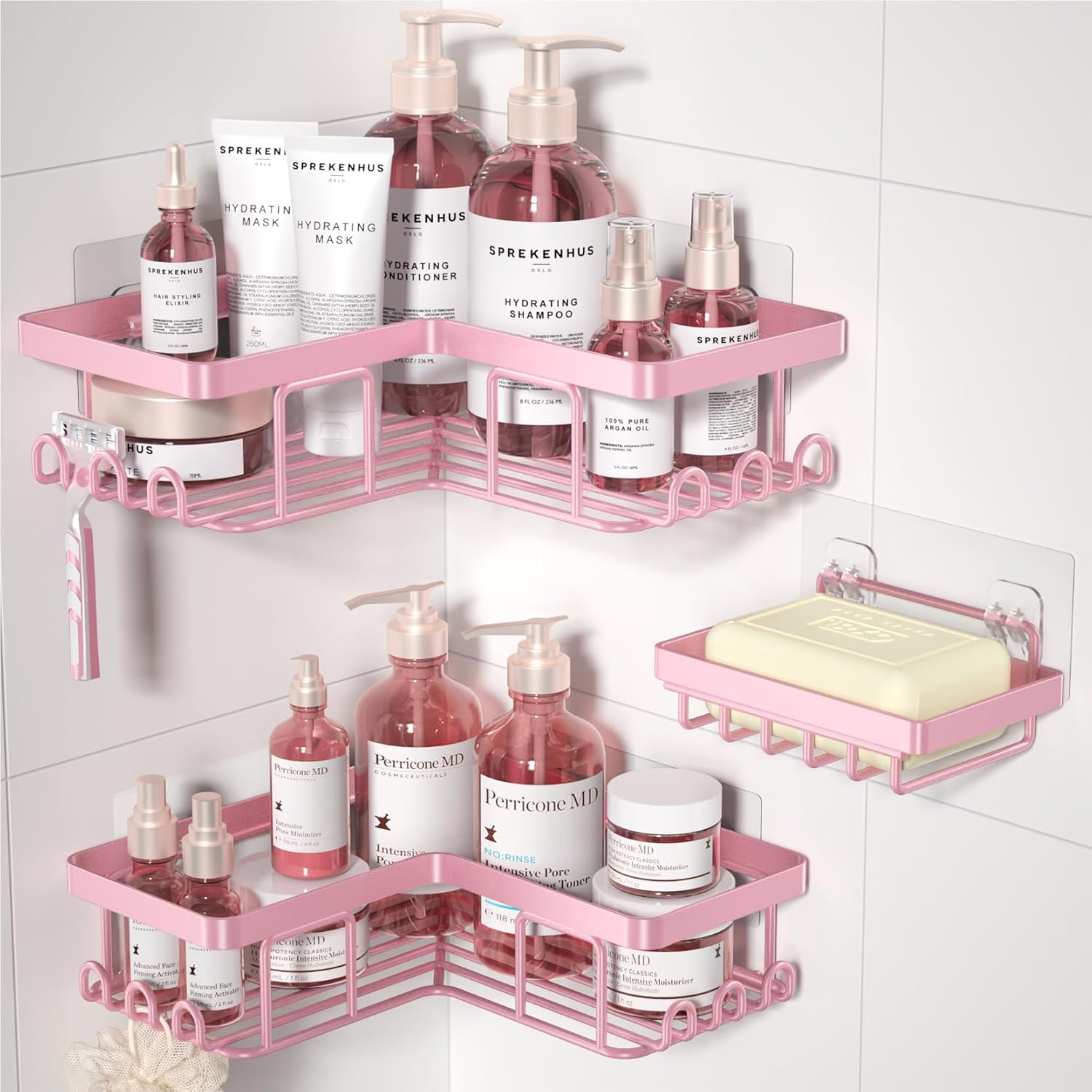2-Tier Pink Corner Bathroom Shelf | Wall Mounted Shower Organizer Rack