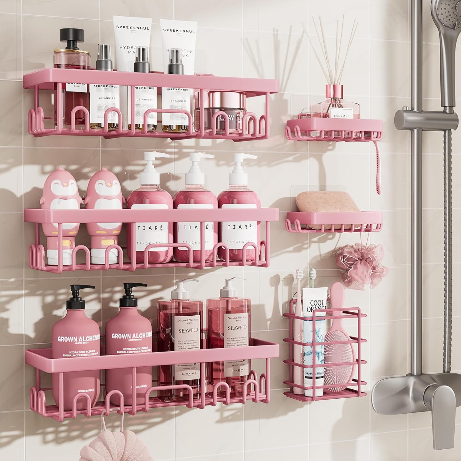 Pink Adhesive Bathroom Corner Shelf Set – 5 Pcs Wall Mounted Organizer