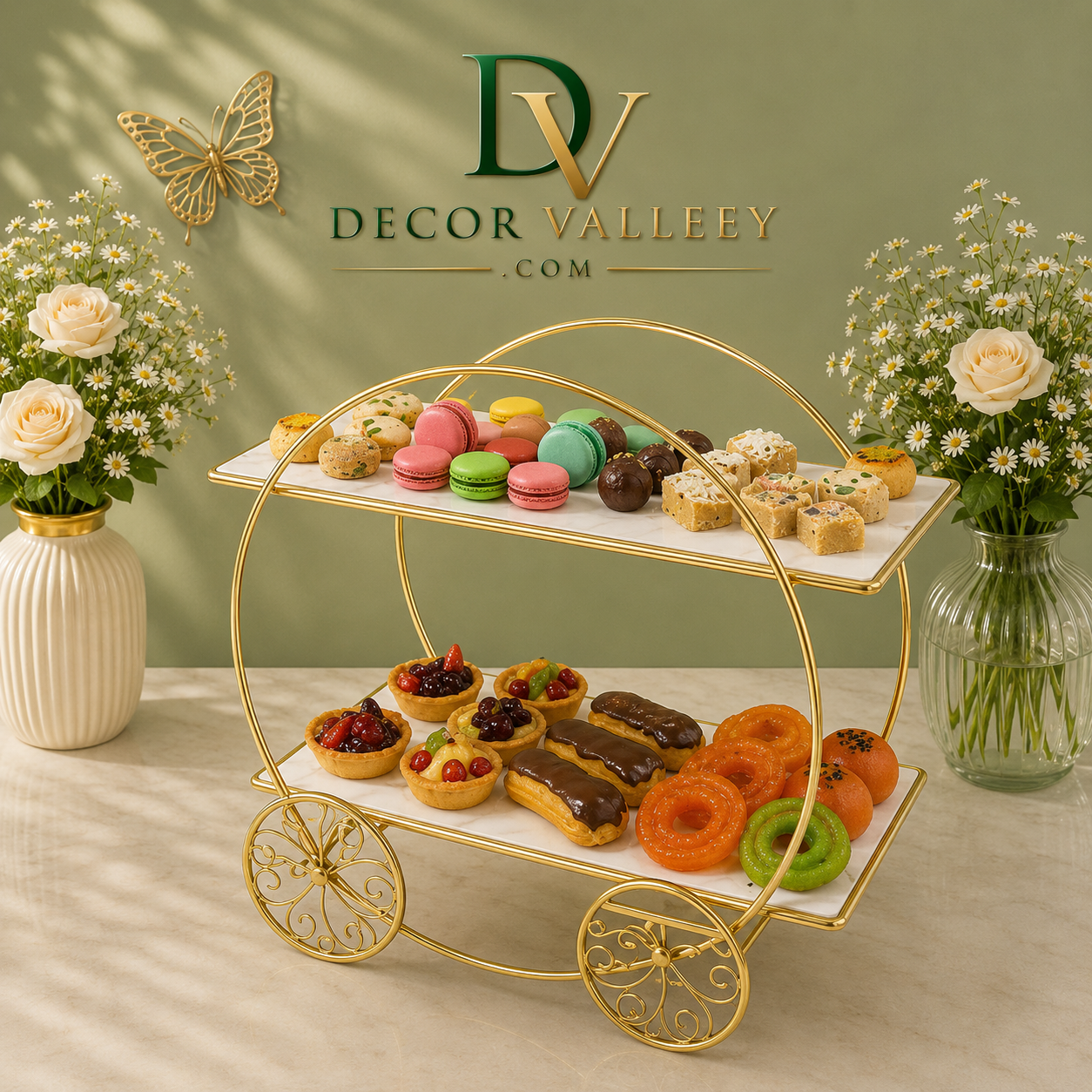 Luxury 2-Tier Makeup Organizer Cart – Golden Vanity Display Stand