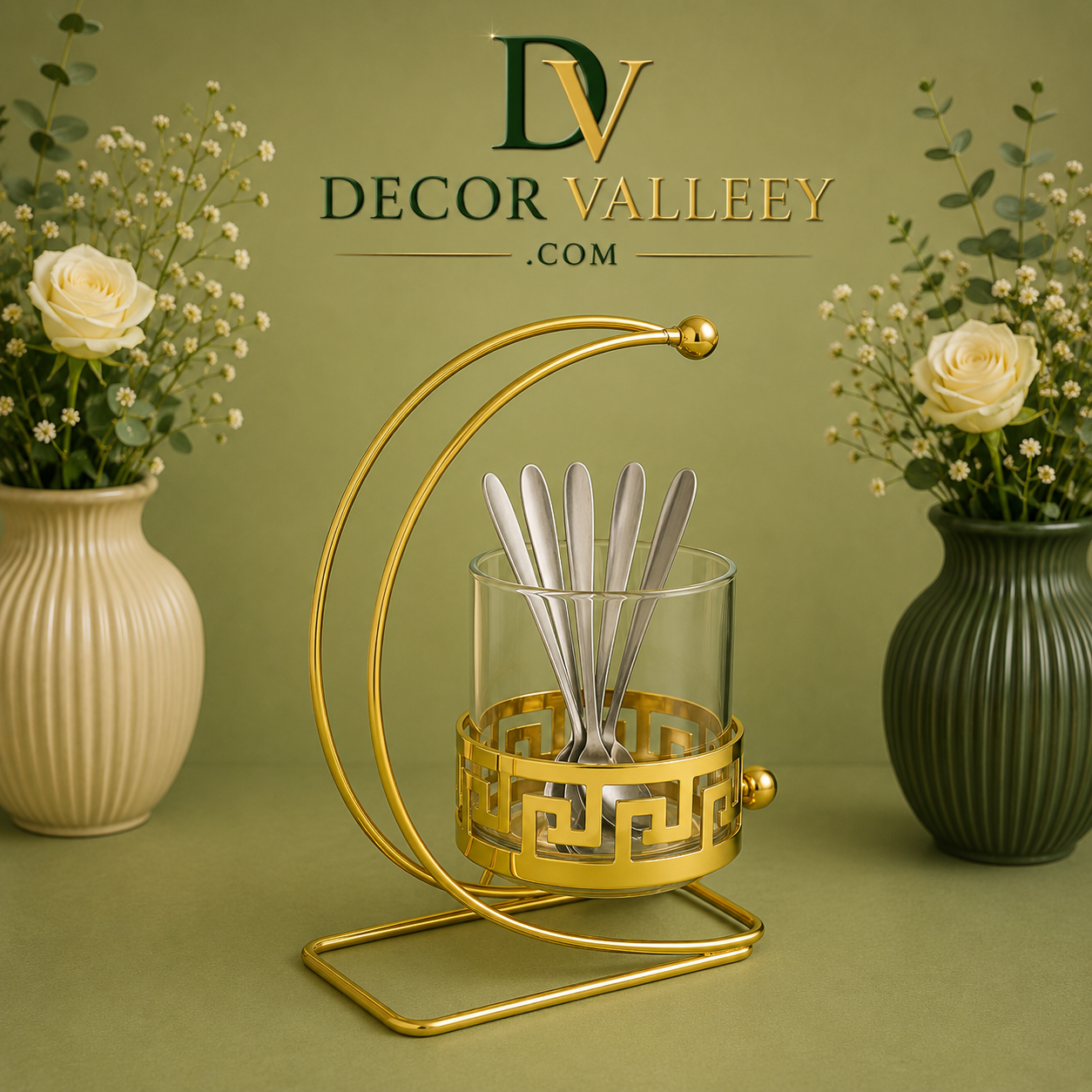 Elegant Golden Spoon Holder with Glass Container
