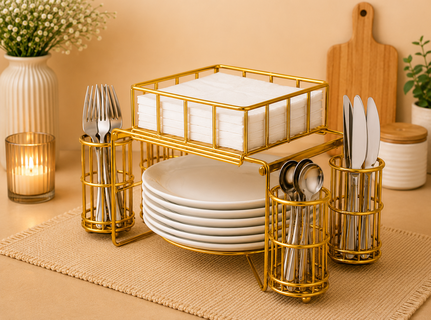 Luxury Metal Buffet Organizer – Plate, Cutlery & Napkin Holder