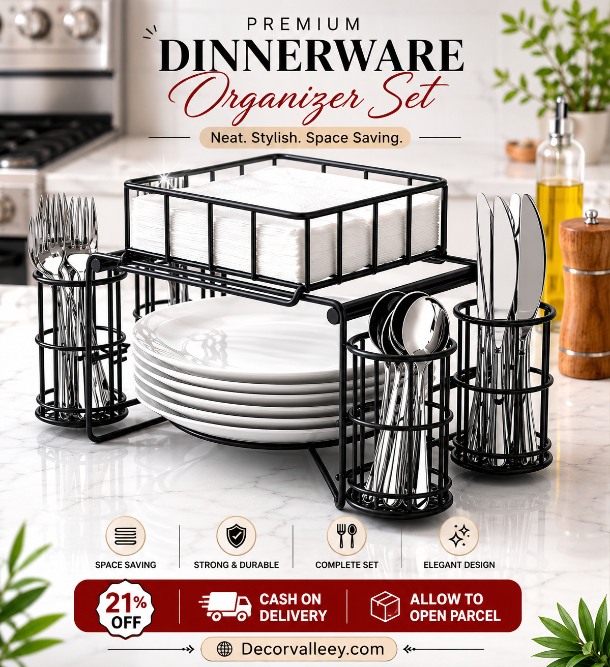Luxury Metal Buffet Organizer – Plate, Cutlery & Napkin Holder