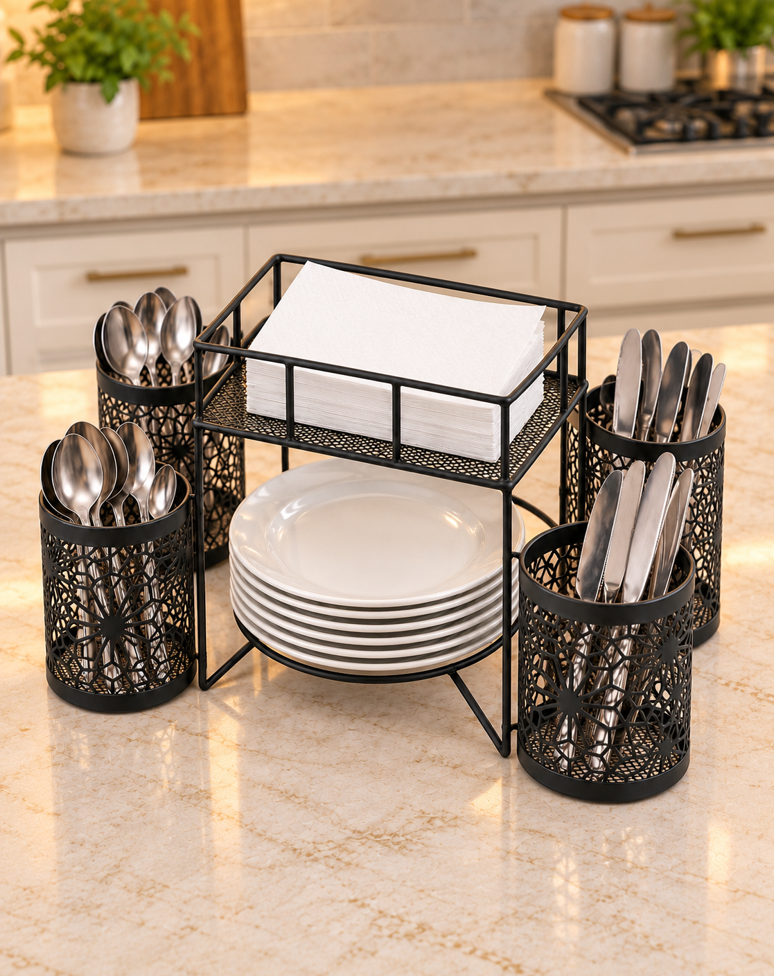 3-in-1 Black Metal Dining Organizer – Tissue, Plate & Cutlery Stand
