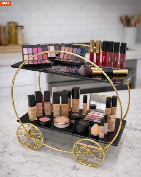 Luxury 2-Tier Makeup Organizer Cart – Golden Vanity Display Stand