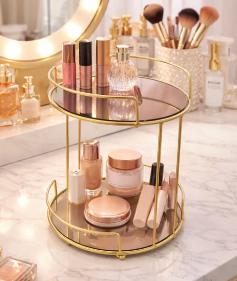 Gold Metal Makeup Holder with Mirror Tray