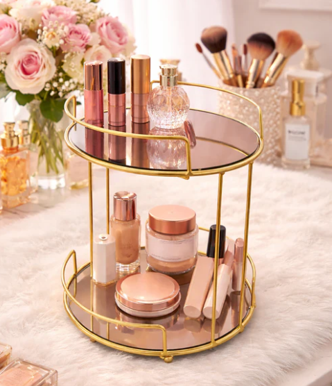 Gold Metal Makeup Holder with Mirror Tray