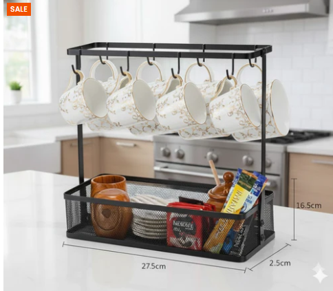Elegant Countertop Mug Holder With Storage Basket