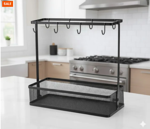 Elegant Countertop Mug Holder With Storage Basket