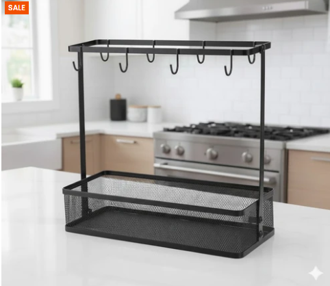 Elegant Countertop Mug Holder With Storage Basket