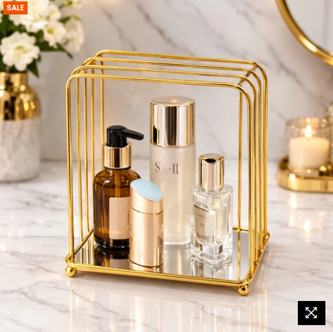 Gold Metal Makeup Organizer with Mirror Tray