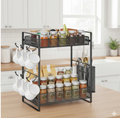 2-Tier Black Mesh Countertop Organizer Rack with Mug Hooks
