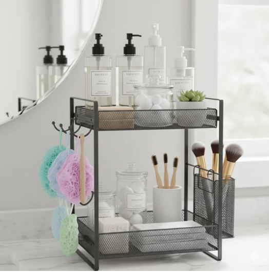 2-Tier Black Mesh Countertop Organizer Rack with Mug Hooks