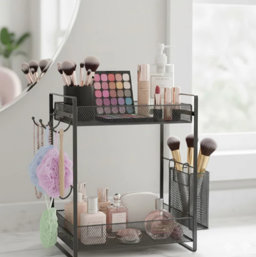 2-Tier Black Mesh Countertop Organizer Rack with Mug Hooks