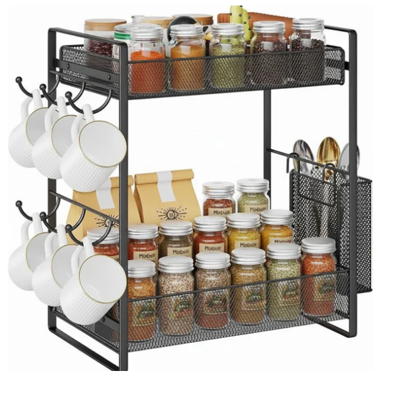 2-Tier Black Mesh Countertop Organizer Rack with Mug Hooks