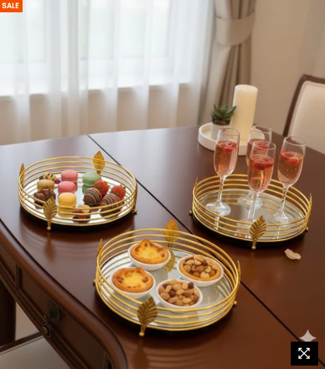 Elegant Round Metal & Mirror Serving Tray