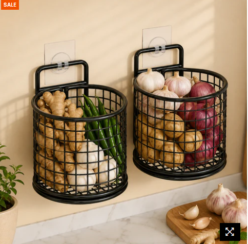 Wall Mounted Metal Mesh Kitchen Basket Rack – Black