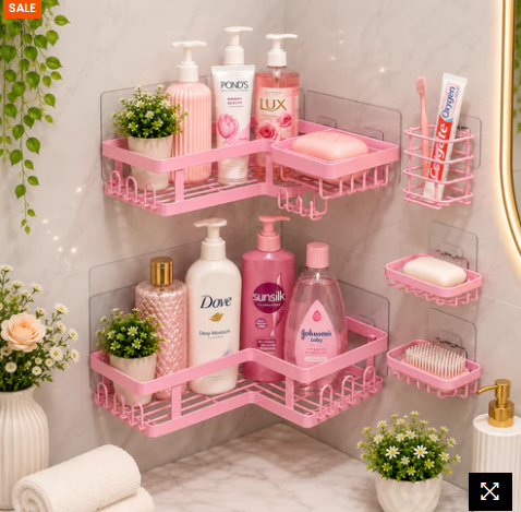 2-Tier Pink Corner Bathroom Shelf | Wall Mounted Shower Organizer Rack