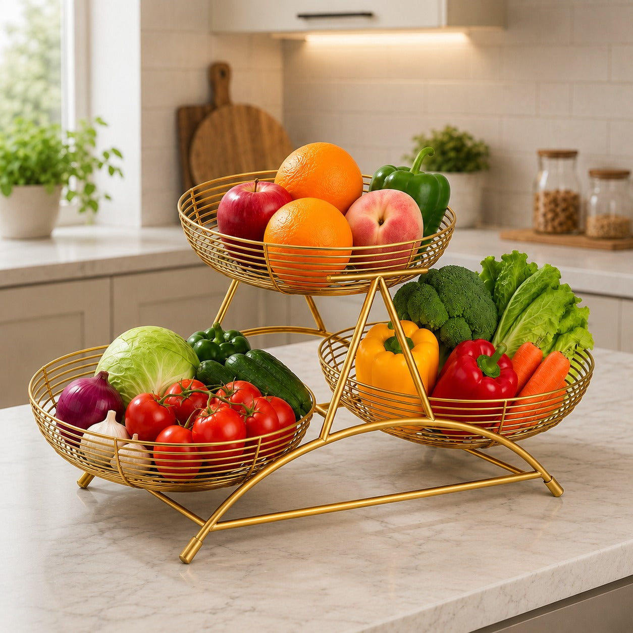 3-Tier Golden Fruit & Vegetable Basket Stand