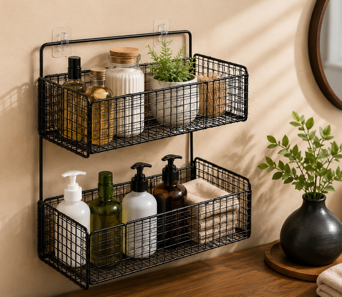 2-Tier Wall Mounted Kitchen Storage Basket Rack