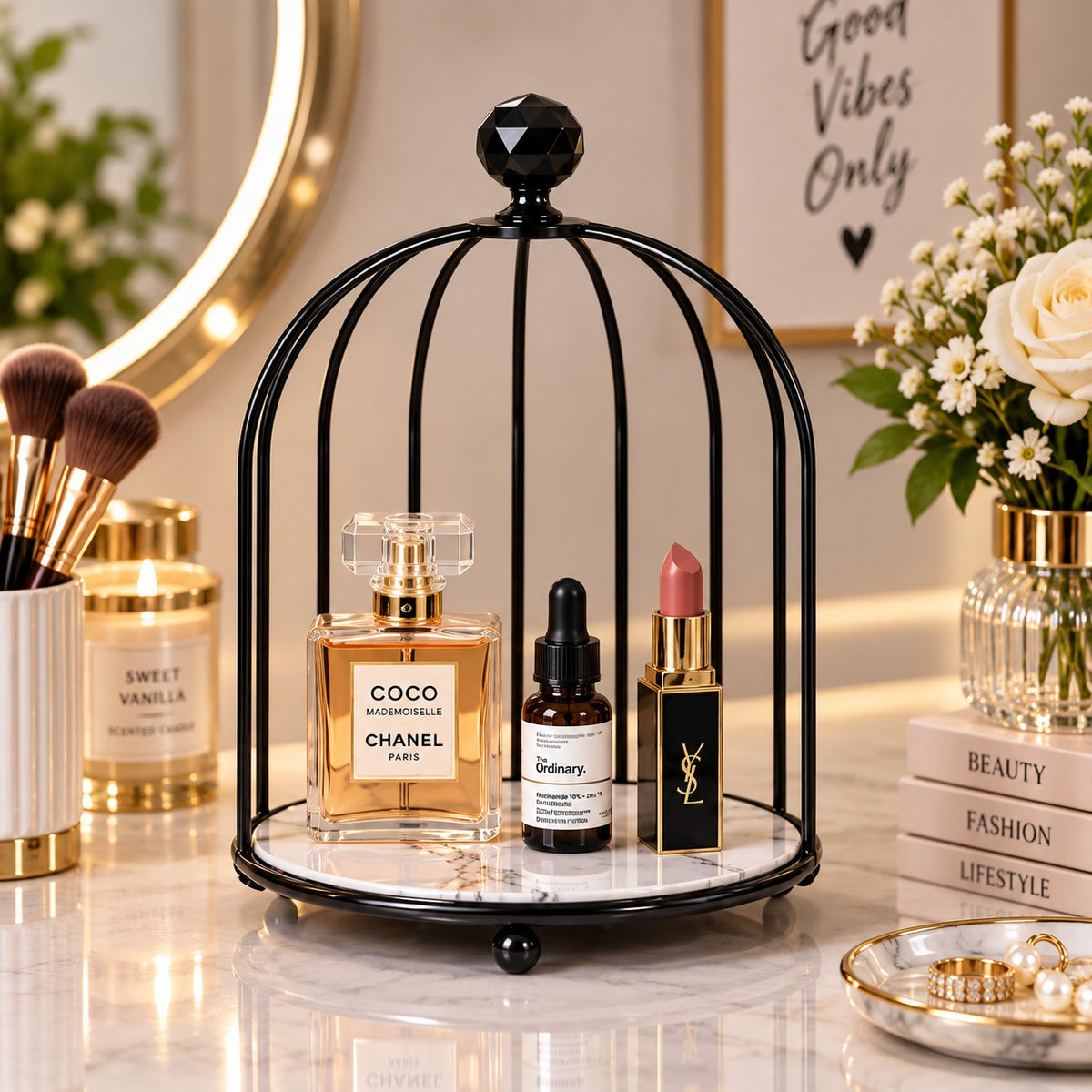 Elegant 2-Tier Black Birdcage Makeup Organizer