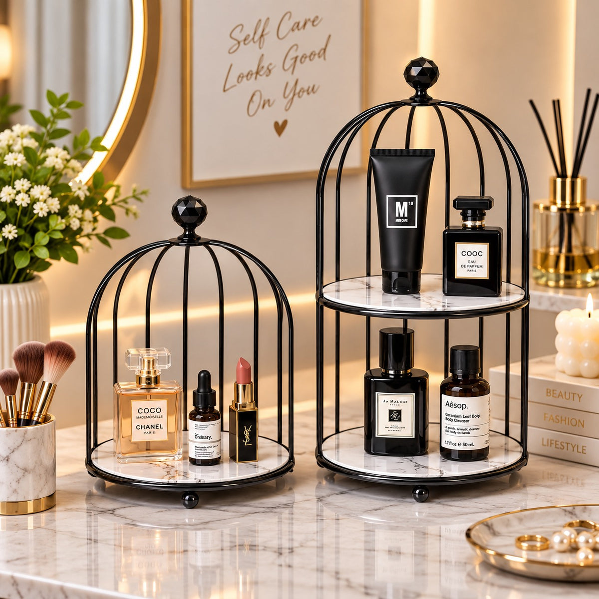 Elegant 2-Tier Black Birdcage Makeup Organizer