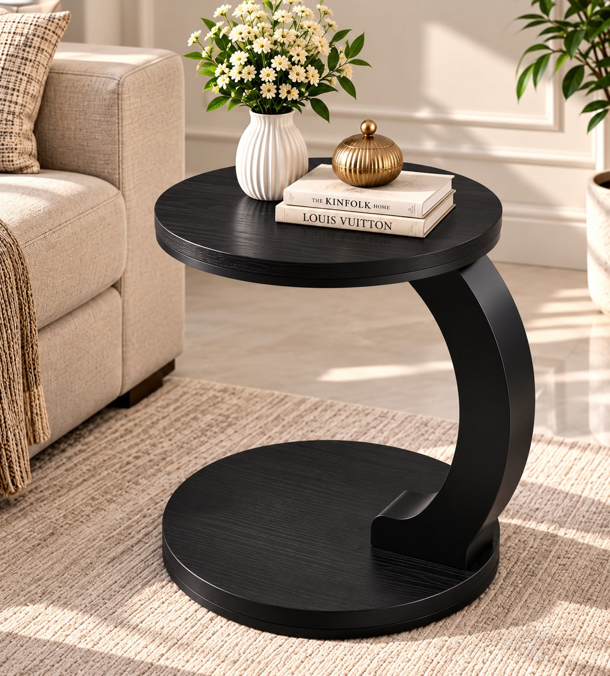 Luxury 2-Tier Wooden Top Side Table – Modern C-Shaped