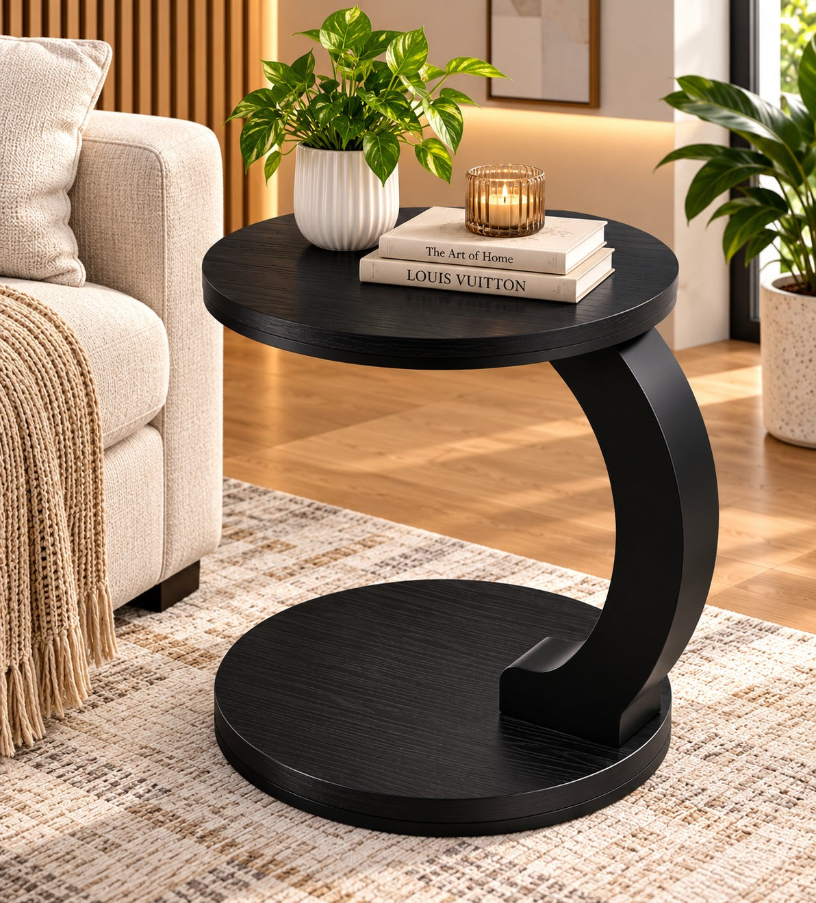 Luxury 2-Tier Wooden Top Side Table – Modern C-Shaped