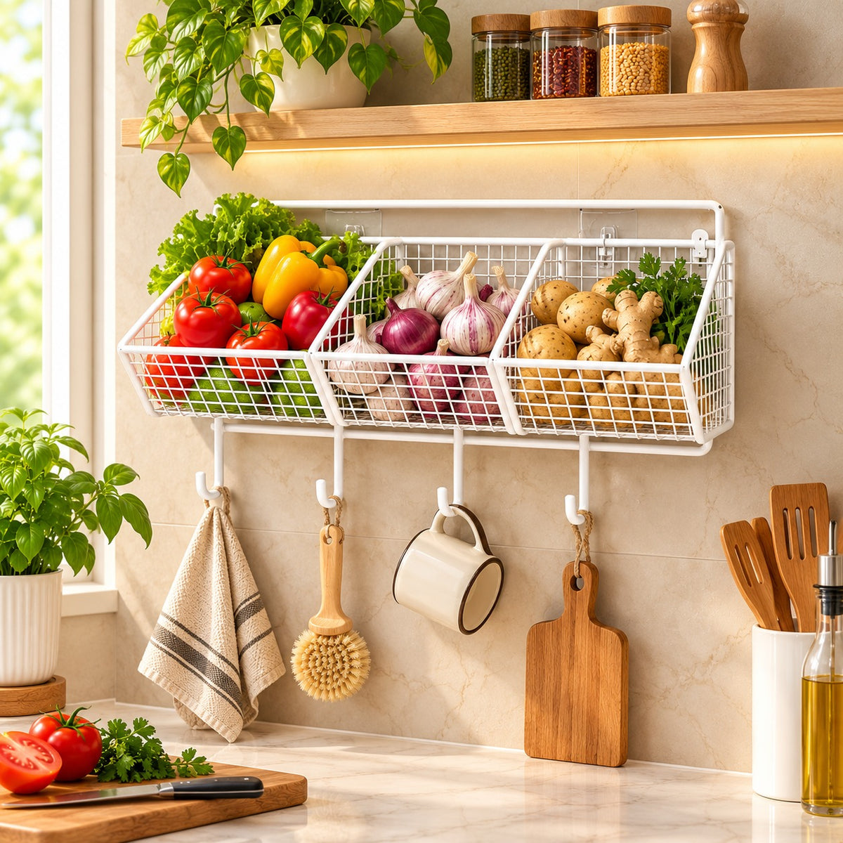 White Metal Wall-Mounted Vegetable Organizer with Hooks