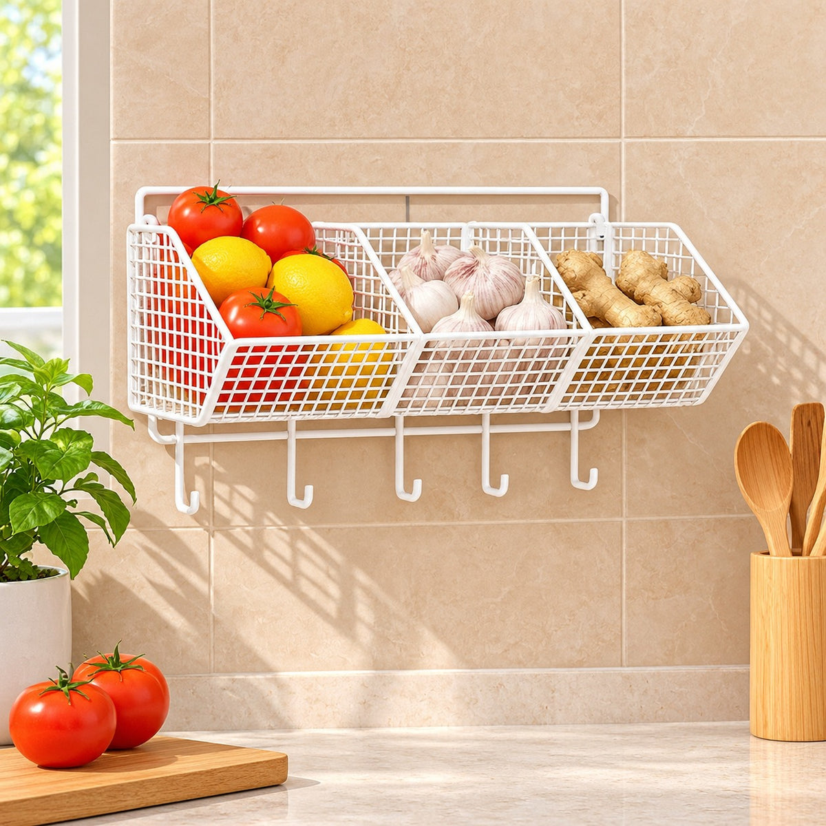 White Metal Wall-Mounted Vegetable Organizer with Hooks