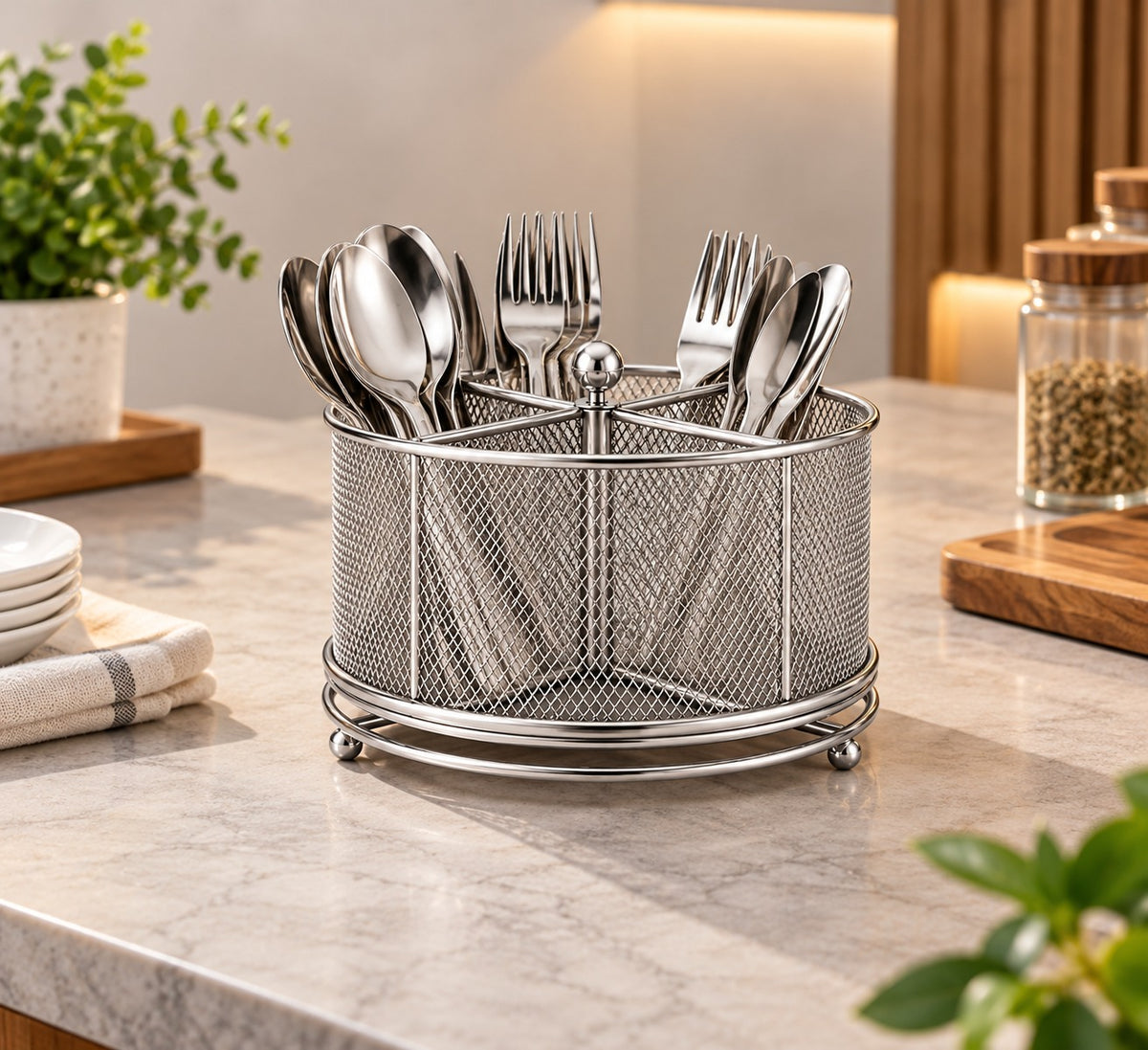 Silver Metal Mesh Cutlery Organizer
